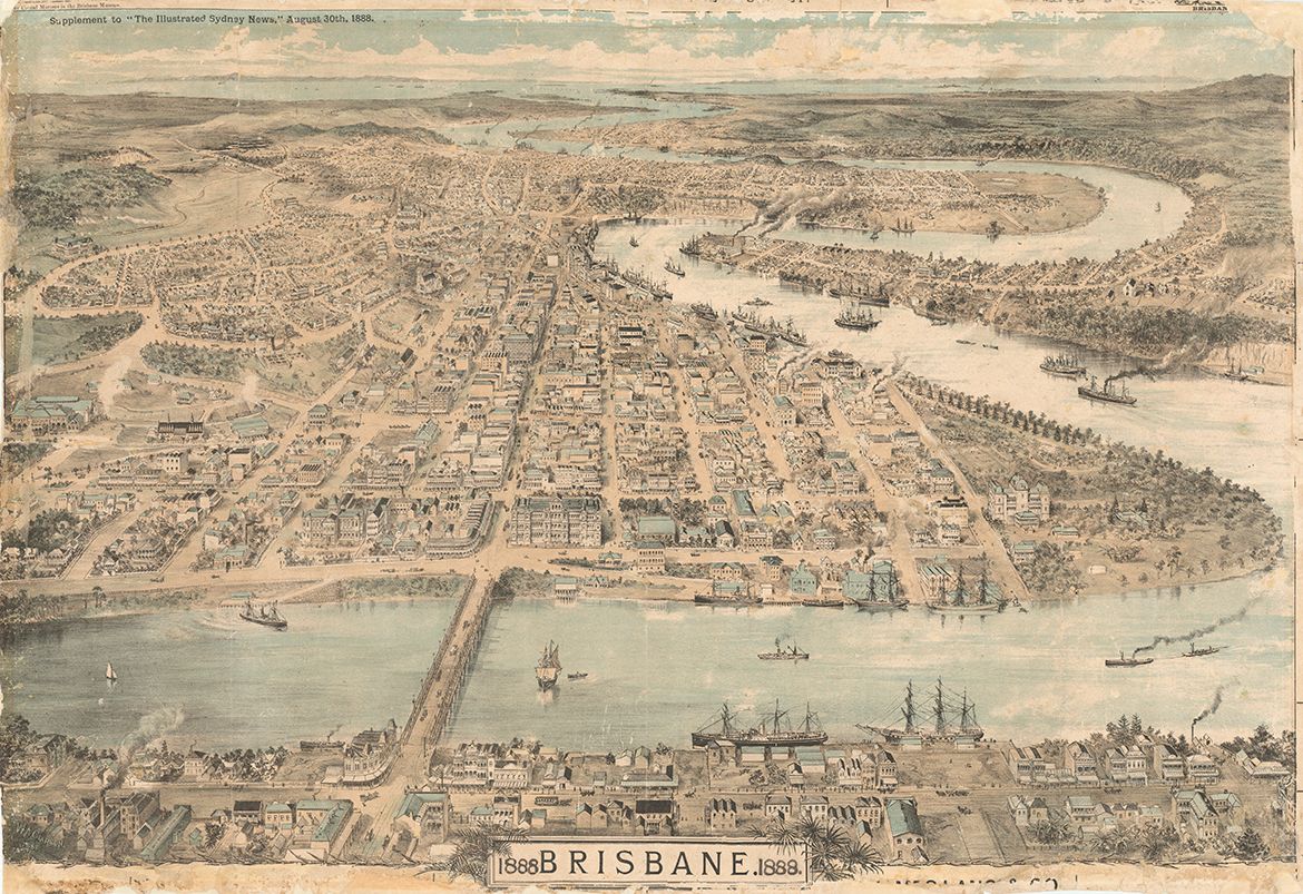 William Alfred Clarson, b.1852 / Pictorial map of Brisbane 1888 / 997423334702061 / Courtesy: John Oxley Library, State Library of Queensland, Brisbane