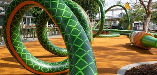 Tony Albert, Girramay/Yidinyji/Kuku Yalanji peoples, Australia b.1981 / Nell, Australia b.1975 / The Big Hose (detail) 2022–25 / Aluminium, reclaimed hardwood, paint, rubber / Commissioned 2022. This project has been realised with generous support from Andrew and Dr Susan King, the Neilson Foundation, Margaret Mittelheuser AM and Cathryn Mittelheuser AM, Gina Fairfax AC, Dr Shirley Hsieh, and the 2022 QAGOMA Foundation Appeal / Collection: Queensland Art Gallery | Gallery of Modern Art / © Tony Albert and Nell / Photograph: N Umek © QAGOMA