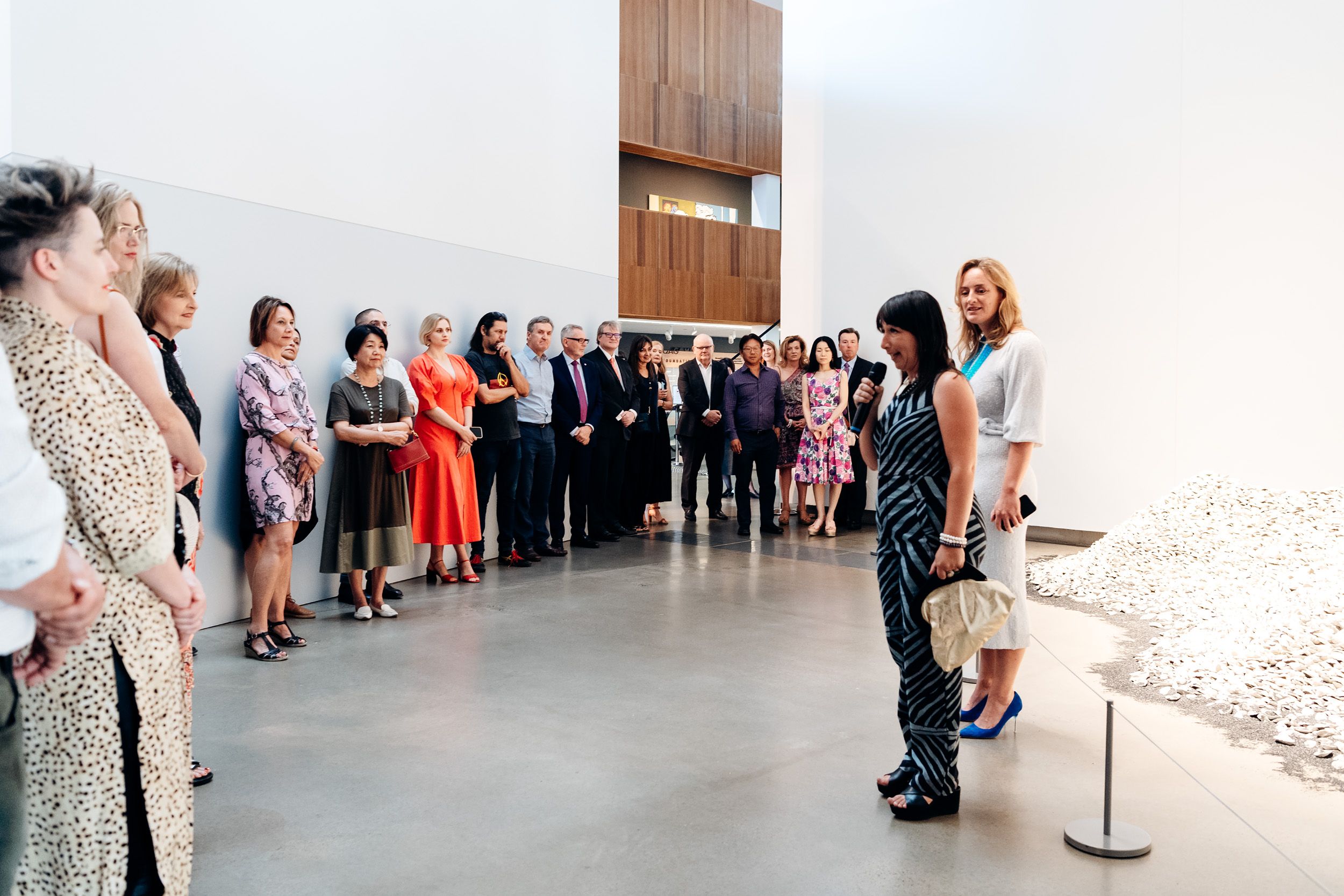 Geraldine Kirrihi Barlow, Curatorial Manager, International Art, and Quandamooka artist Megan Cope, during a preview of ‘Water’, GOMA, December 2019 / Photograph: J Ruckli