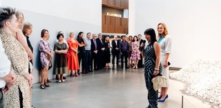 Geraldine Kirrihi Barlow, Curatorial Manager, International Art, and Quandamooka artist Megan Cope, during a preview of ‘Water’, GOMA, December 2019 / Photograph: J Ruckli