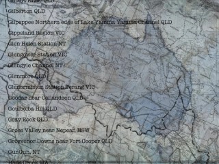 Judy Watson / Waanyi people / Australia b.1959 / the names of places (still) 2016 / Single-channel HD video: 21:59 minutes, colour, stereo, 16:9, continuous loop, projection or screen / Sound compositions: Greg Hooper / Image compositing: Greg Hooper / Video editing: Jarrard Lee / Assistants: Freja Carmichael, Indy Medeiros / Gift of the artist through the Queensland Art Gallery | Gallery of Modern Art Foundation 2023. Donated through the Australian Government's Cultural Gifts Program / Collection: Queensland Art Gallery | Gallery of Modern Art