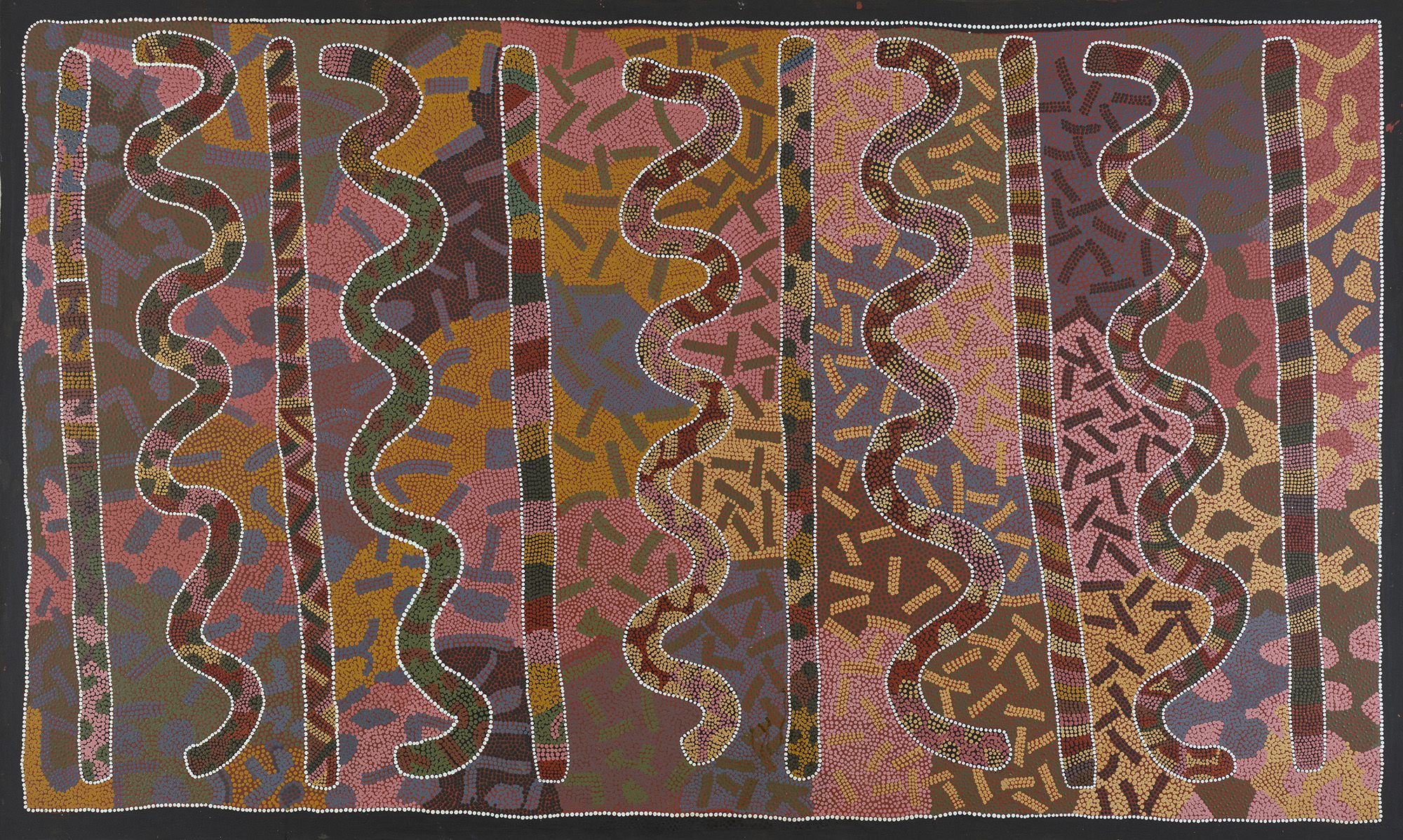 Lyndsay Bird Mpetyane, Anmatyerre people, Northern Territory Australia c.1935–2024 / Utnea 1991 / Synthetic polymer paint on canvas / 150 x 250cm / Purchased 1992 / Collection: Queensland Art Gallery | Gallery of Modern Art / © Lyndsay Bird Mpetyane/Copyright Agency