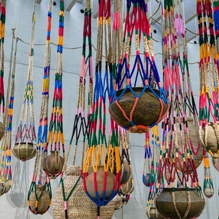 Kamruzzaman Shadhin, Bangladesh b.1974 / Gidree Bawlee Foundation of Arts, Bangladesh, est. 2001; Collaborating artists: Johura Begum, Monowara Begum, Majeda Begum, Fatema Begum (1), Shabnur Begum, Chayna Begum, Fatema Begum (2), Samiron Begum, Shirina Begum, Rekha, Nasima Begum, Shushila Rani, Protima Rani, Akalu Barman / The fibrous souls (detail) 2018–21 / Jute, cotton, thread, clay, brass / 70 pots: 40–100cm each (diam.) (approx.) with 70 shikas of various dimensions / Originally commissioned by Samdani Art Foundation / Purchased 2021 with funds from Metamorphic Foundation through the Queensland Art Gallery | Gallery of Modern Art Foundation / Collection: Queensland Art Gallery | Gallery of Modern Art, Brisbane / © The artists