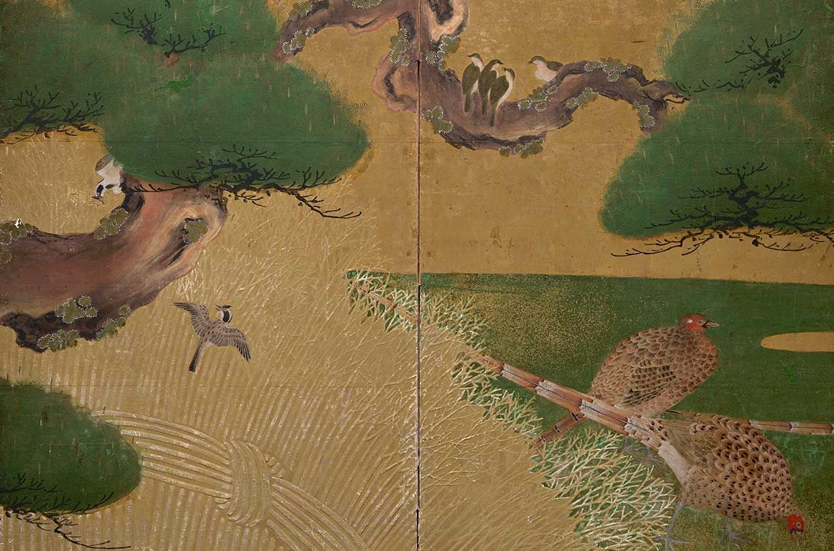 Tosa School, Japan / Pair of six-fold screens with pine trees c.1650 / Gold leaf with moriage detail and colour on paper on wooden framed screens / 165 x 374cm (each screen); 165 x 62cm (each panel) / Bequest of James Fairfax AC through the QAGOMA Foundation 2018 / Collection: Queensland Art Gallery | Gallery of Modern Art