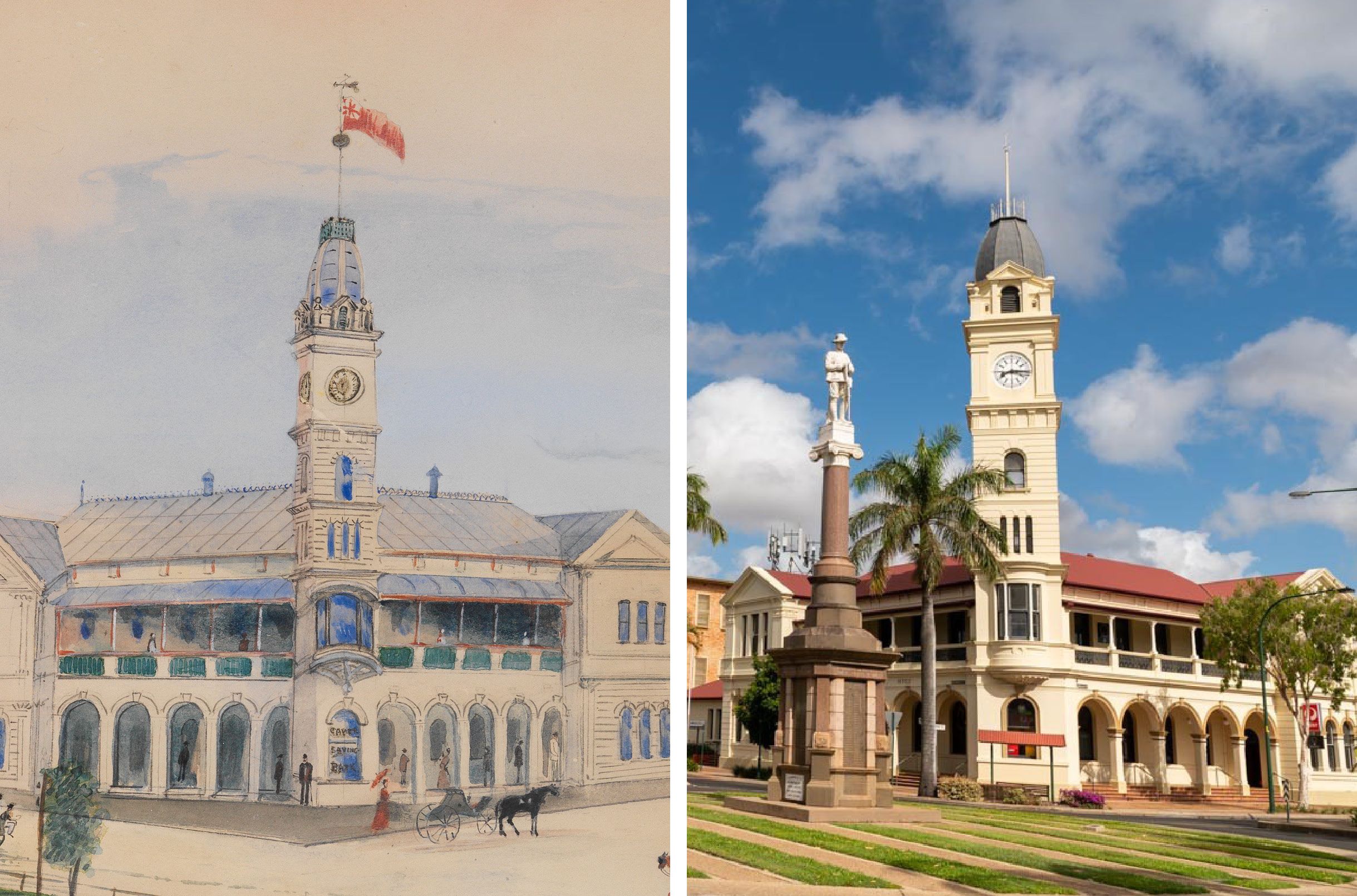 Unknown, Australia / A view of the new Post Office & School of Arts, Bourbong St. Bundaberg from Barolin St., Augt. 1st 1891, Queensland 1891 / Watercolour, pencil and wash on paper / 47.5 x 61cm / Purchased 2007. Queensland Art Gallery Foundation Grant / Collection: Queensland Art Gallery | Gallery of Modern Art