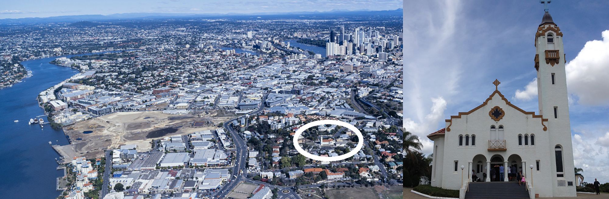 Aerial view of Bowen Hills looking south towards Brisbane, 2006 / 99184509831302061 / Courtesy: John Oxley Library, State Library of Queensland, Brisbane / Our Lady of Victories Catholic Church, Bowen Hills, 2013 / Courtesy: Chris Olszewski, Wikimedia Commons