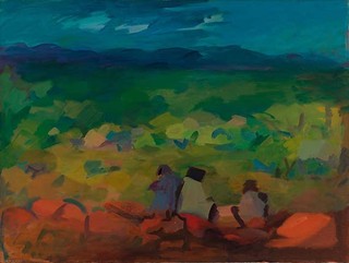 FULLBROOK, Sam Australia b.1922 d.2004 Northwest landscape with Aborigines 1955 Oil on canvas 76.5 x 102cm Acc. 1984.056.001 Gift of Mrs Anthea Wieneke 1984 Polarised lights, polarised camera