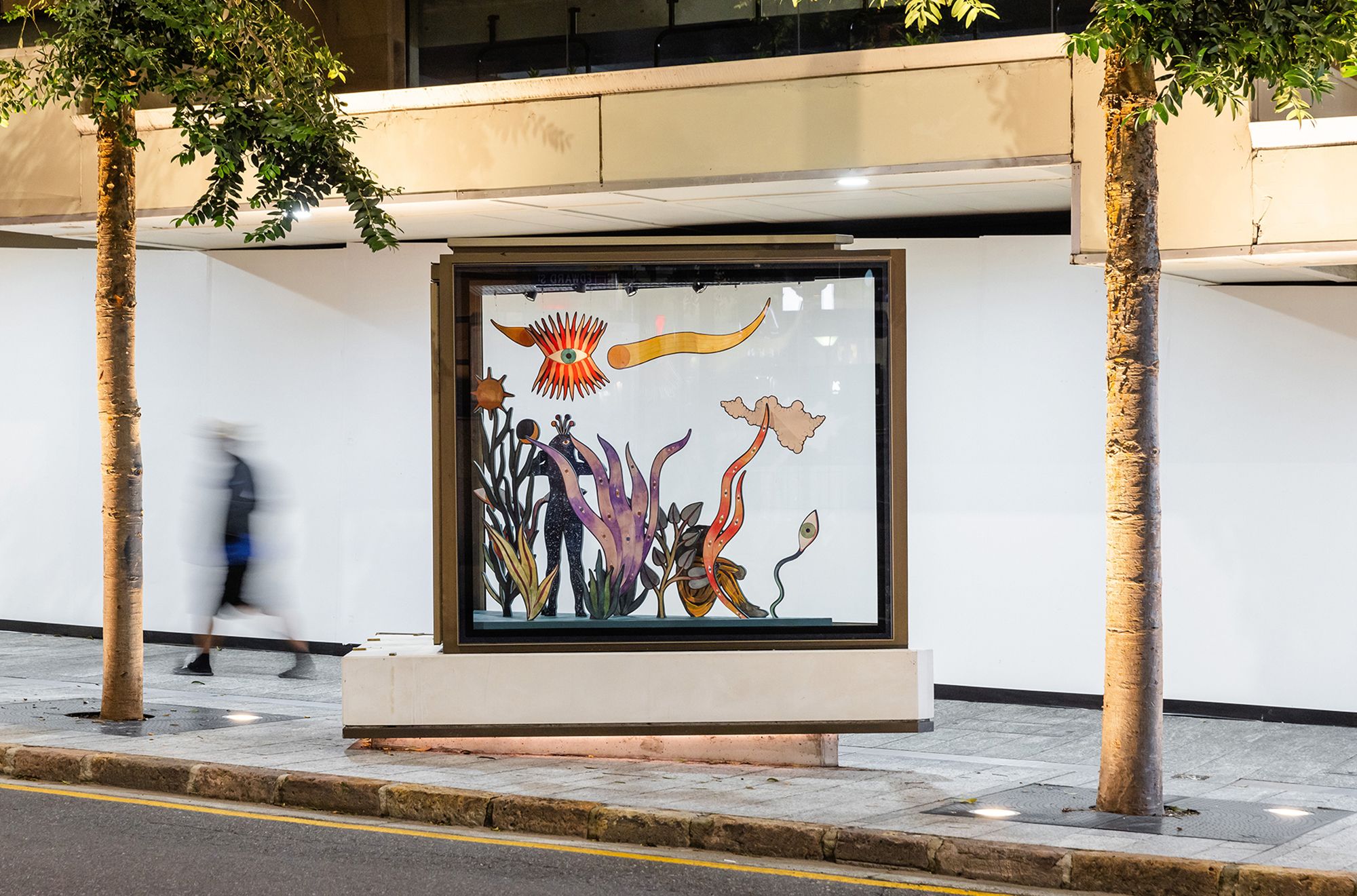 Rithika Merchant's If the Seeds Chose Where to Grow 2024 installation at the Edward Street vitrine (corner Queen Street), Brisbane CBD.