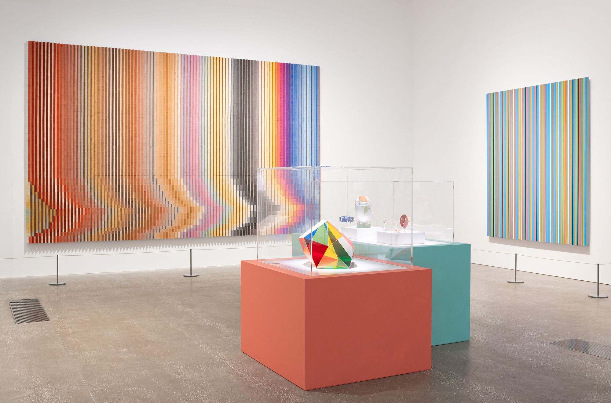 Syagini Ratna Wulan’s Parhelion 2021, installed in ‘Wonderstruck’, GOMA 2025 accompanied by Bridget Riley’s Big Blue 1981–82 / Photograph: N Umek © QAGOMA