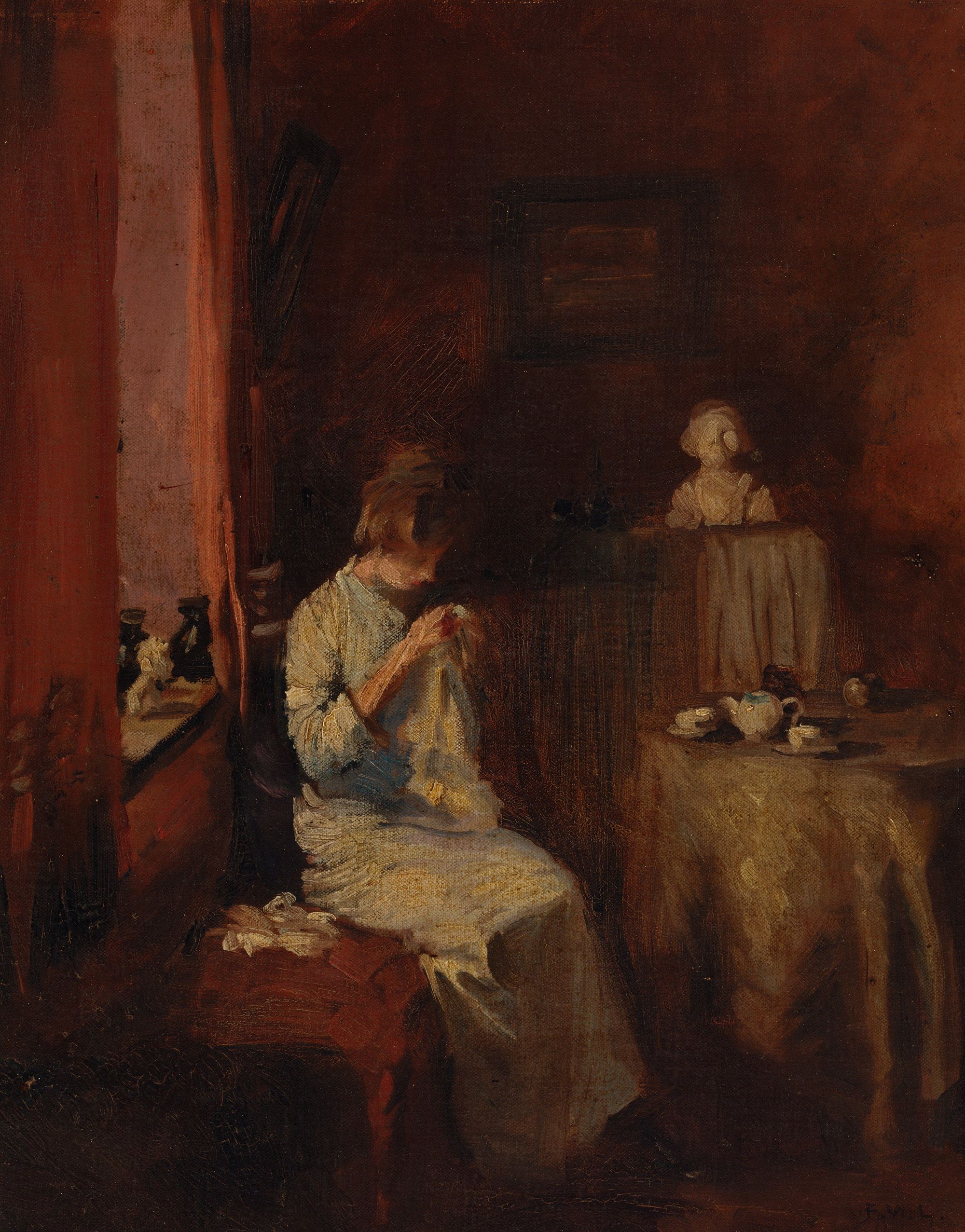 Vida Lahey, Australia 1882–1968 / Busy fingers 1913 / Oil on canvas on composition board / 50 x 40cm / Gift of Lynne Melsom and Kay Beurskens in memory of their father George Melsom through the QAGOMA Foundation 2019 / Collection: Queensland Art Gallery | Gallery of Modern Art / © QAGOMA