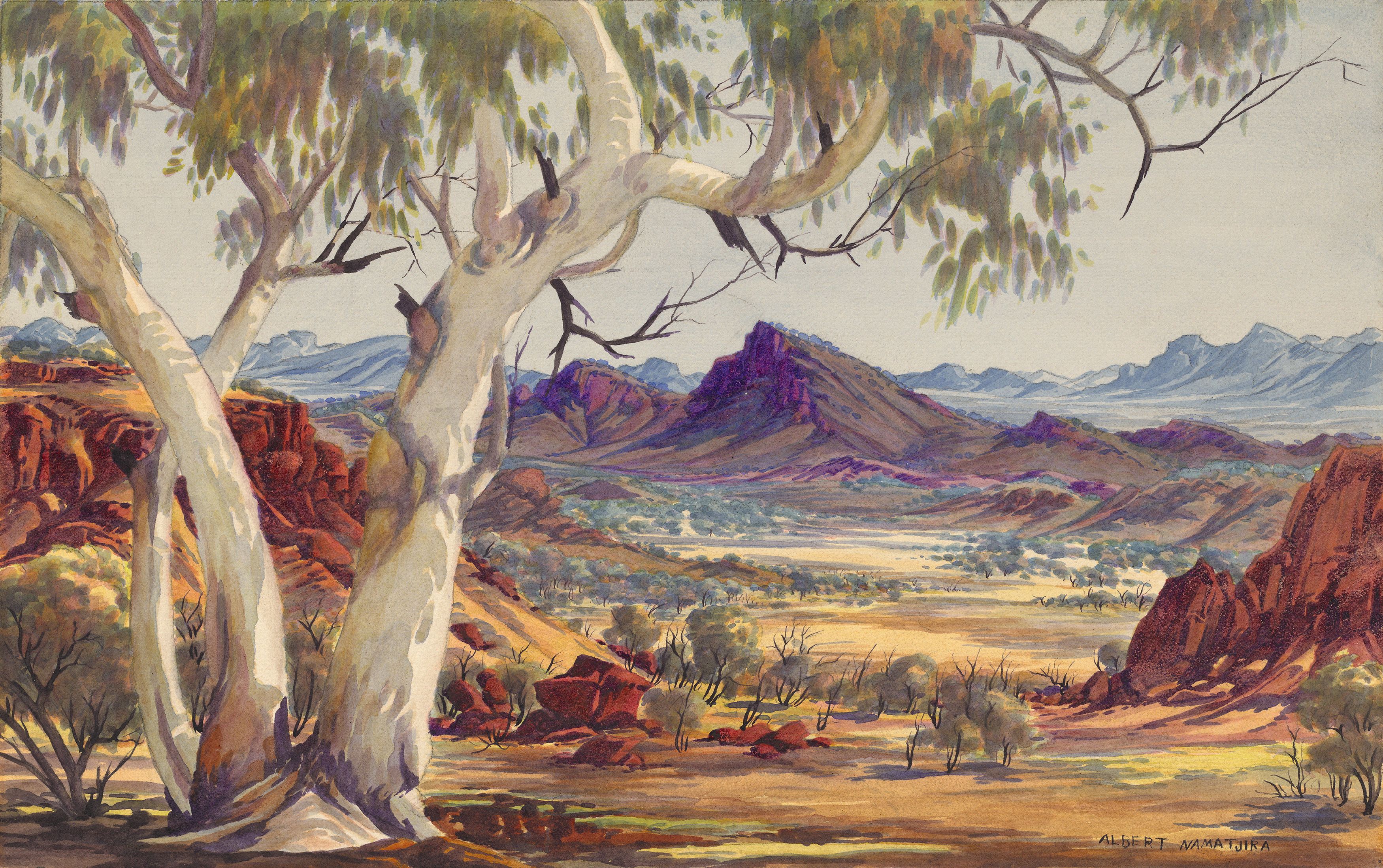 Albert Namatjira / Arrernte people, 1902 - 1959 / Untitled (Central Australian landscape) c.1955-59 / Watercolour and pencil on paper / Purchased 2019 with funds from the Bequest of Helen Dunoon through the Queensland Art Gallery | Gallery of Modern Art Foundation / Collection: Queensland Art Gallery | Gallery of Modern Art / © Namatjira Legacy Trust