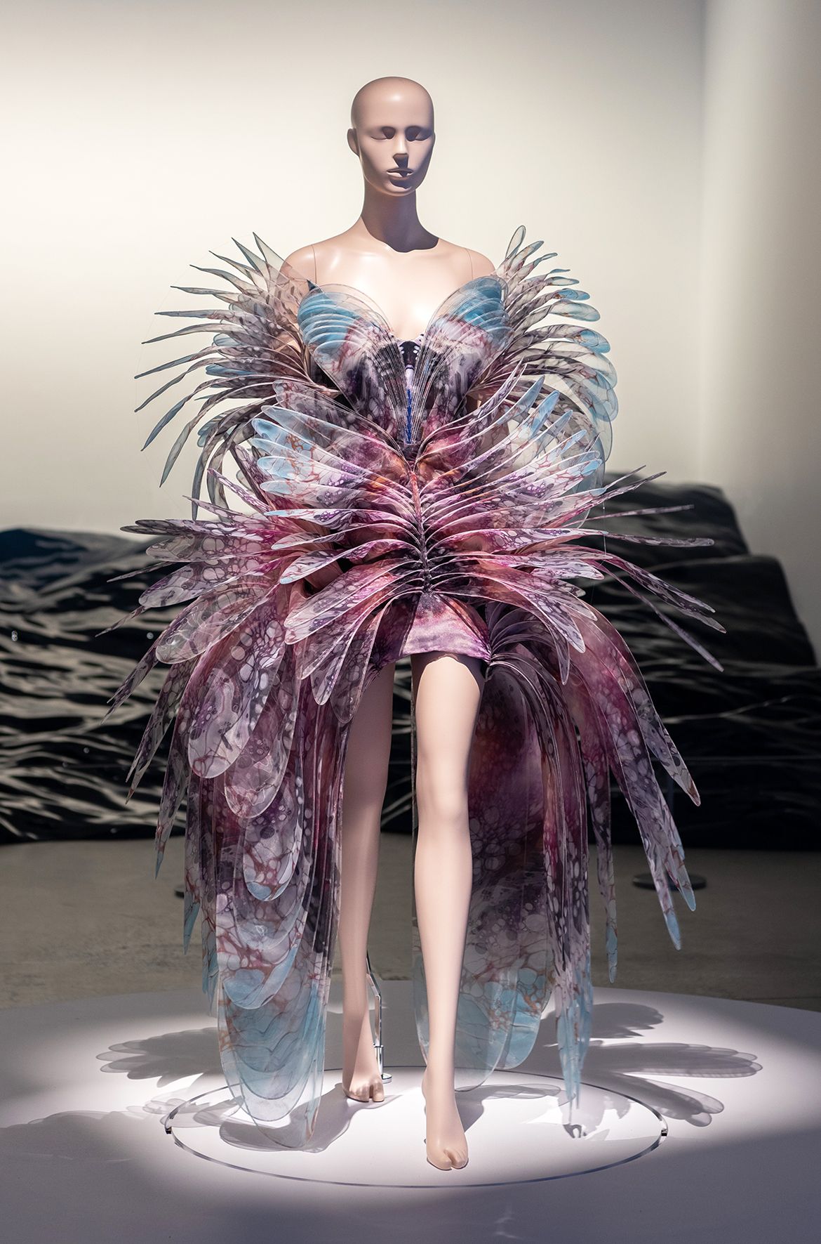 Iris van Herpen, Netherlands b.1984 / Shelee Carruthers (Collaborator), Australia b.1977 / Hydrozoa dress, from the ‘Sensory Seas’ collection 2020 / PETG, glass organza / Worn by Lady Gaga promoting her album Chromatica / © Iris van Herpen atelier / Photograph: N Umek © QAGOMA