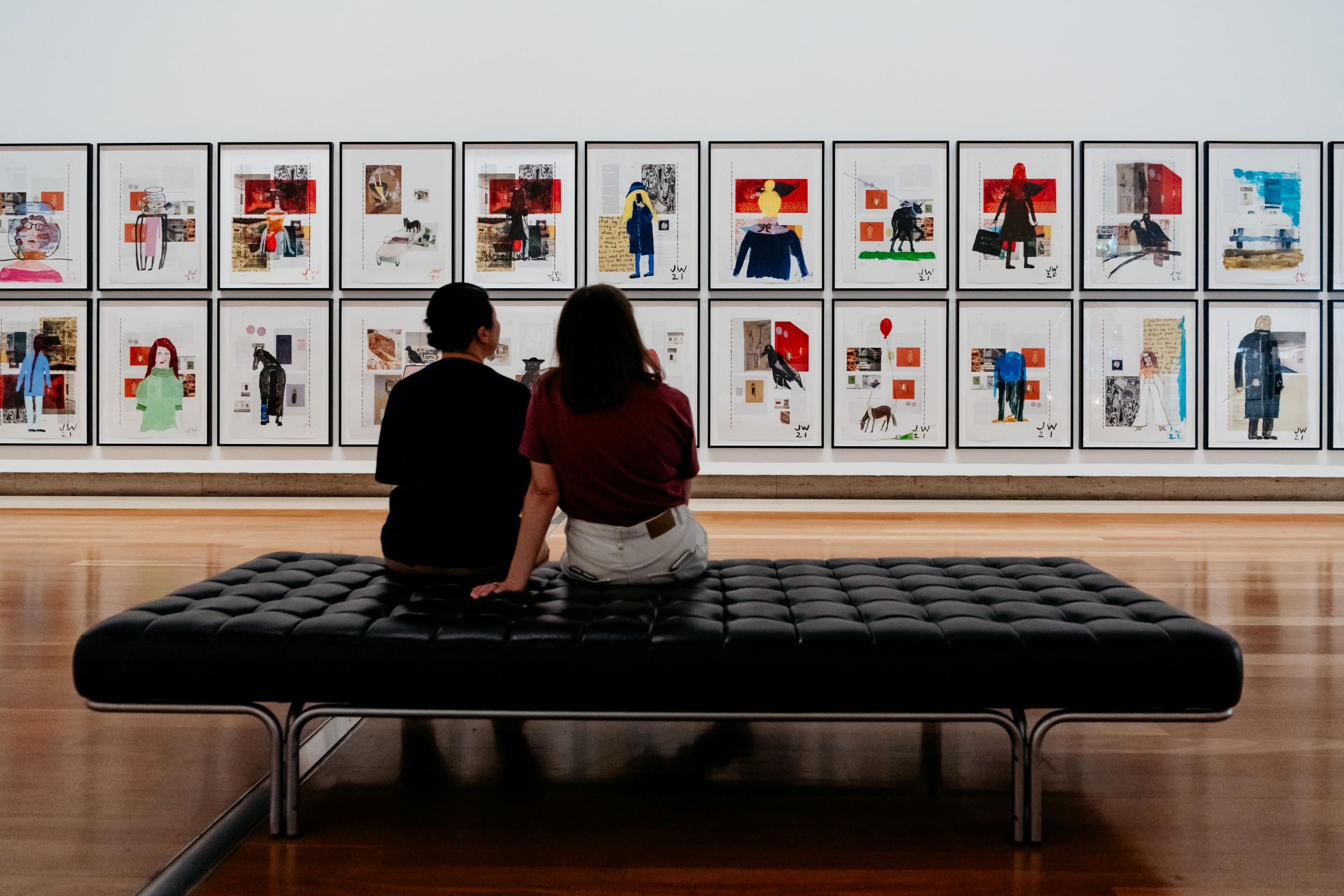 Jenny Watson / Australia VIC/QLD b.1951 / Private views and rear visions (installation views, details) 2021–22 / Synthetic polymer paint on found digital prints on paper / 48 sheets: 102 x 72cm (sheet) / Proposed for the Queensland Art Gallery | Gallery of Modern Art Collection / © Jenny Watson / Photographs: Natasha Harth and Joe Ruckli