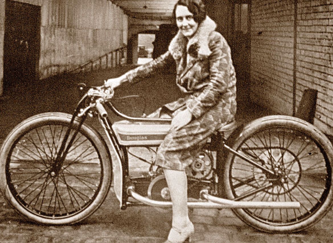 Publicity photo of Fay Taylor, Speedway star on a Douglas DT/5 Speedway