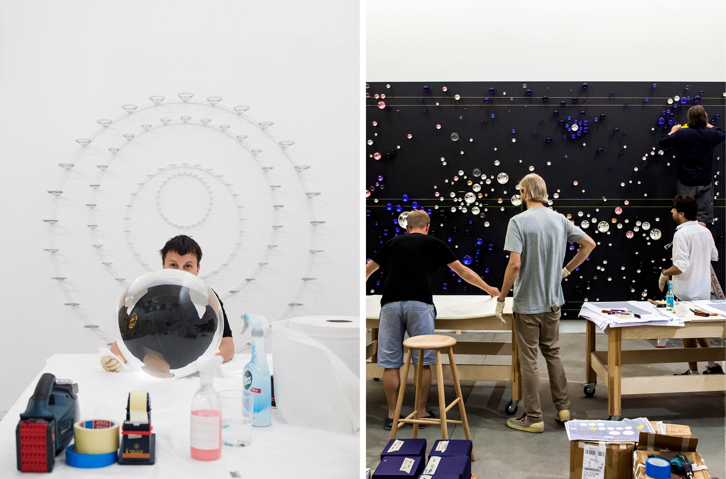 (l-r) At Studio Olafur Eliasson, 2019; Photograph: Zan Wimberley / At Studio Olafur Eliasson, mock-up of Your unpredictable path 2016; Photograph: María del Pilar García Ayensa / © Studio Olafur Eliasson