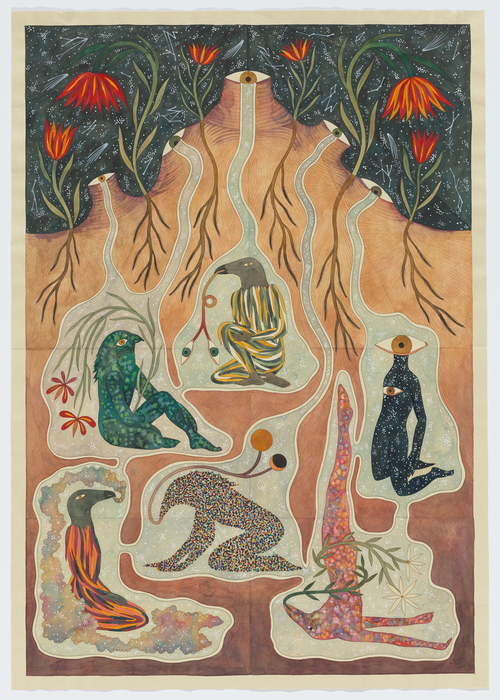 Rithika Merchant, India b.1986 / Regolith 2023 / Gouache, watercolour and ink on paper / 100 × 70cm / Courtesy: The artist and TARQ, Mumbai