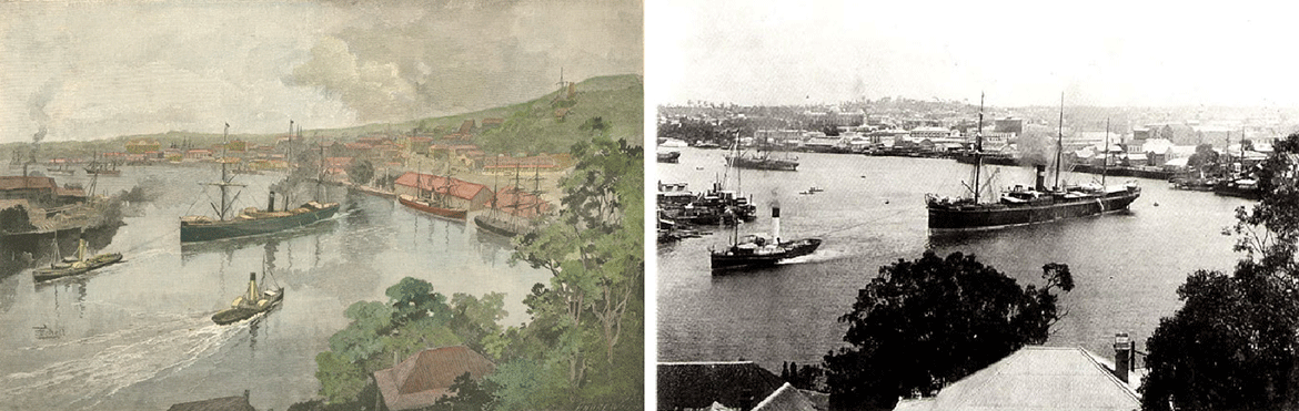Left: Reproduction of engraving (after Frederick Schelbeck) from Picturesque Atlas of Australasia, vol.1, 1883: Brisbane from Bowen Terrace, plate opp. p.333 / Right: Photograph of RMS Quetta taken from Bowen Tce, from Gavin Fry and Bronwyn Mahoney, Isaac Walter Jenner, The Beagle Press, Sydney, 1994, p.30