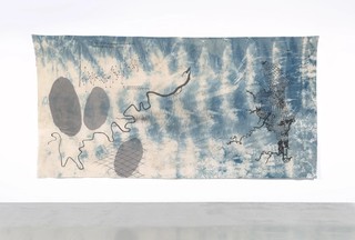 Judy Watson, Waanyi people, Australia b.1959 / moreton bay rivers, australian temperature chart, fresh mussels, net, spectrogram 2022 / Indigo dye, graphite, synthetic polymer paint, waxed linen thread and pastel on cotton / 247 x 488cm / Proposed for the Queensland Art Gallery | Gallery of Modern Art Collection / © Judy Watson/Copyright Agency / Photograph: N Harth