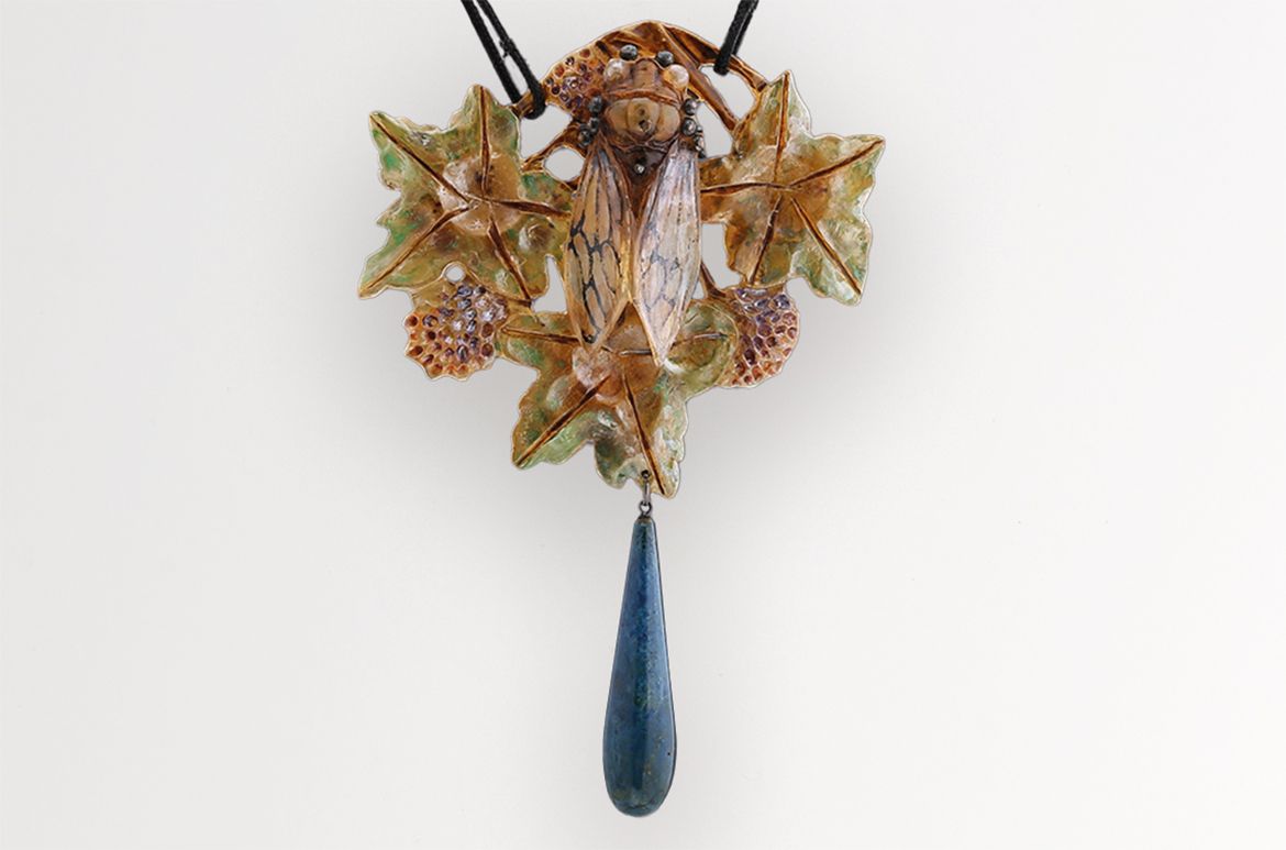 Georges Pierre, France 1873–1943 / Cicada pendant necklace (detail) c.1910 / Buffalo horn, blue glass, silk chord / 11.5 x 8cm / Purchased 2023 with funds from the Henry and Amanda Bartlett Trust through the QAGOMA Foundation / Collection: Queensland Art Gallery | Gallery of Modern Art