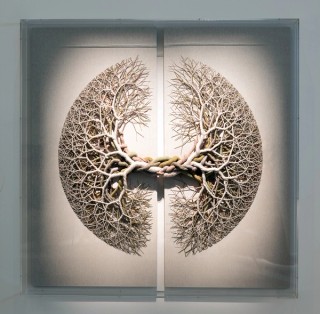 Installation view ‘Iris van Herpen: Sculpting the Senses’, GOMA 2024 featuring Ciclotrama 310 (from ‘Superstrato’ series) 2023 by Janaina Mello Landini / Thread on linen canvas / Gift from the artist, 2023 / Collection: Musée des Arts Décoratifs, Paris / © Janaina Mello Landini / Photograph: N Umek © QAGOMA