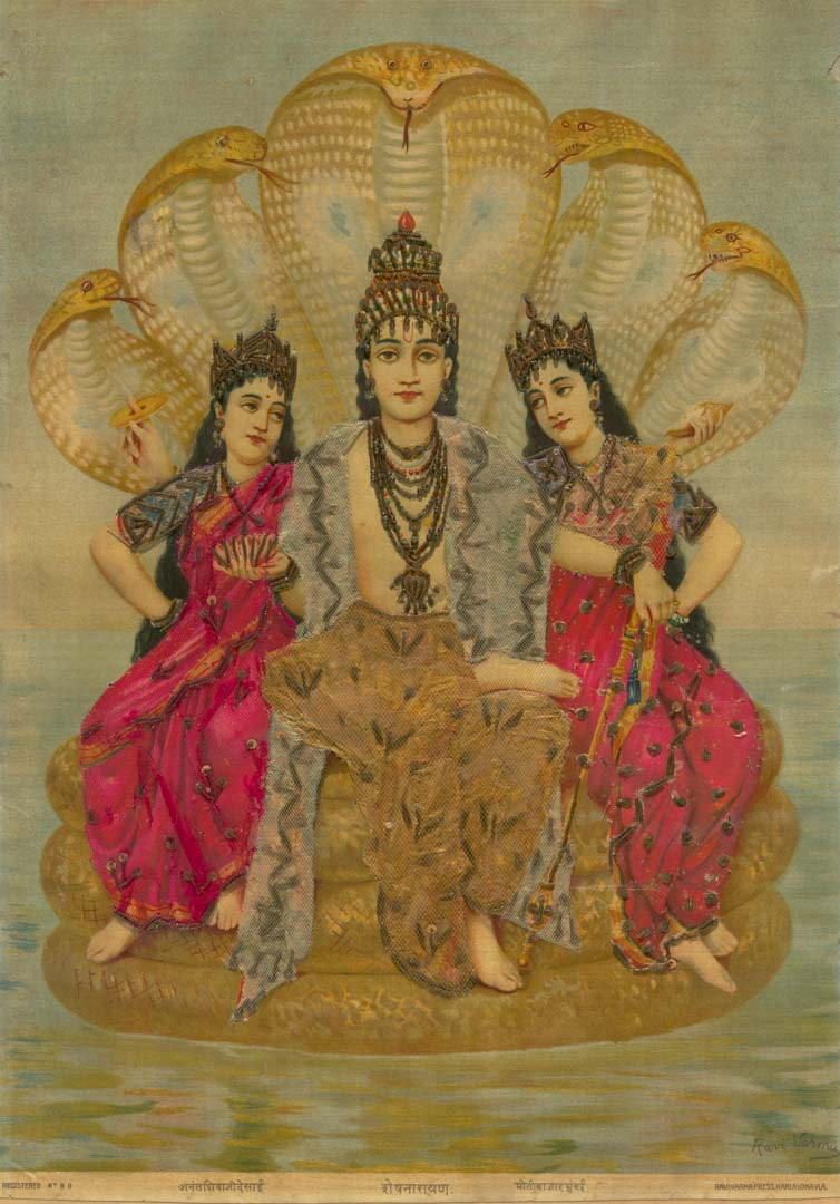Raja Ravi Varma, India 1848–1906 / Ravi Varma Press, Karla-Lonavla, India / Sheshnarayan printed 1894–1930 / Oleograph with Zardosi embroidery / 50.8 x 35.56cm / Purchased 2024 with funds from the Henry and Amanda Bartlett Trust through the QAGOMA Foundation / Collection: Queensland Art Gallery | Gallery of Modern Art 