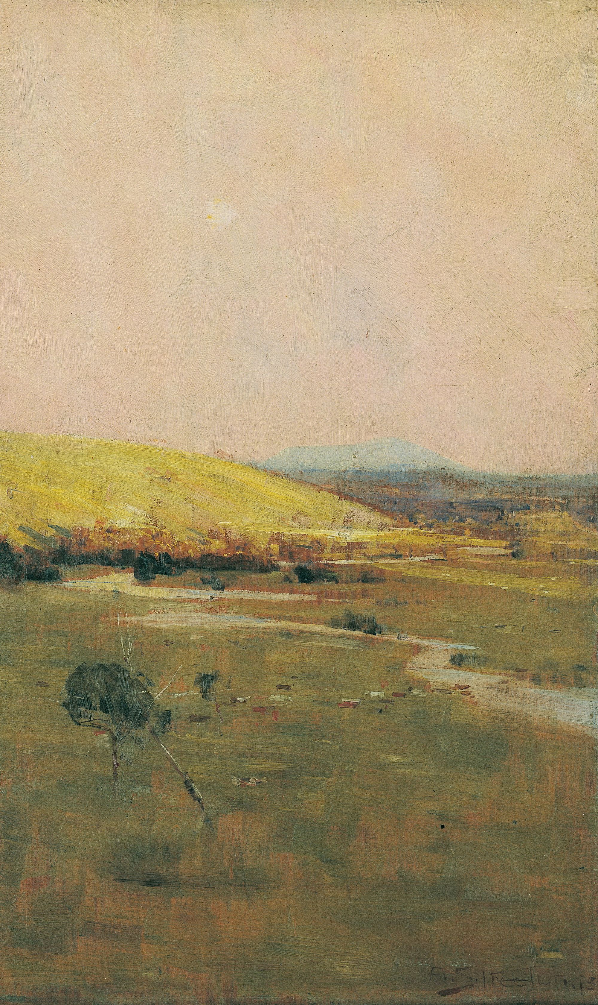 Arthur Streeton, Australia 1867–1943 / Sketch for 'Still glides the stream and shall forever glide' 1895 / Oil on cedar panel / 42 x 26.5cm / Gift of Lady Trout 1978 / Collection: Queensland Art Gallery | Gallery of Modern Art