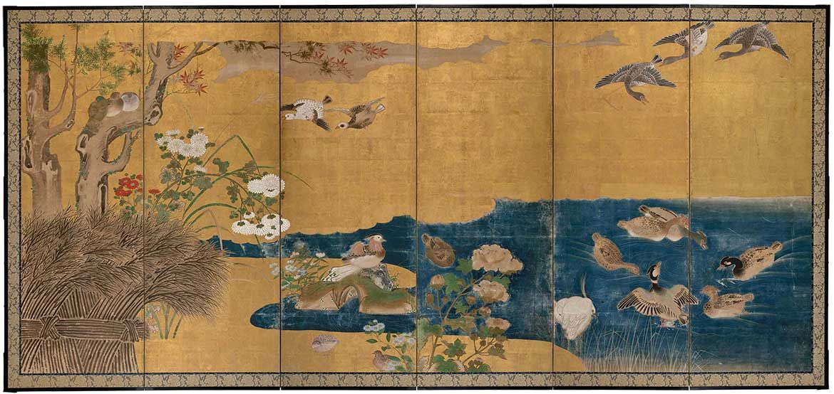 Kanō School, Japan / Pair of six-fold screens with birds and rabbits 17th century / Gold leaf, ink and colour on paper on wooden framed screens /168.5 x 358cm / Gift of James Fairfax AC through the Queensland Art Gallery | Gallery of Modern Art Foundation 2018 / Collection: Queensland Art Gallery | Gallery of Modern Art