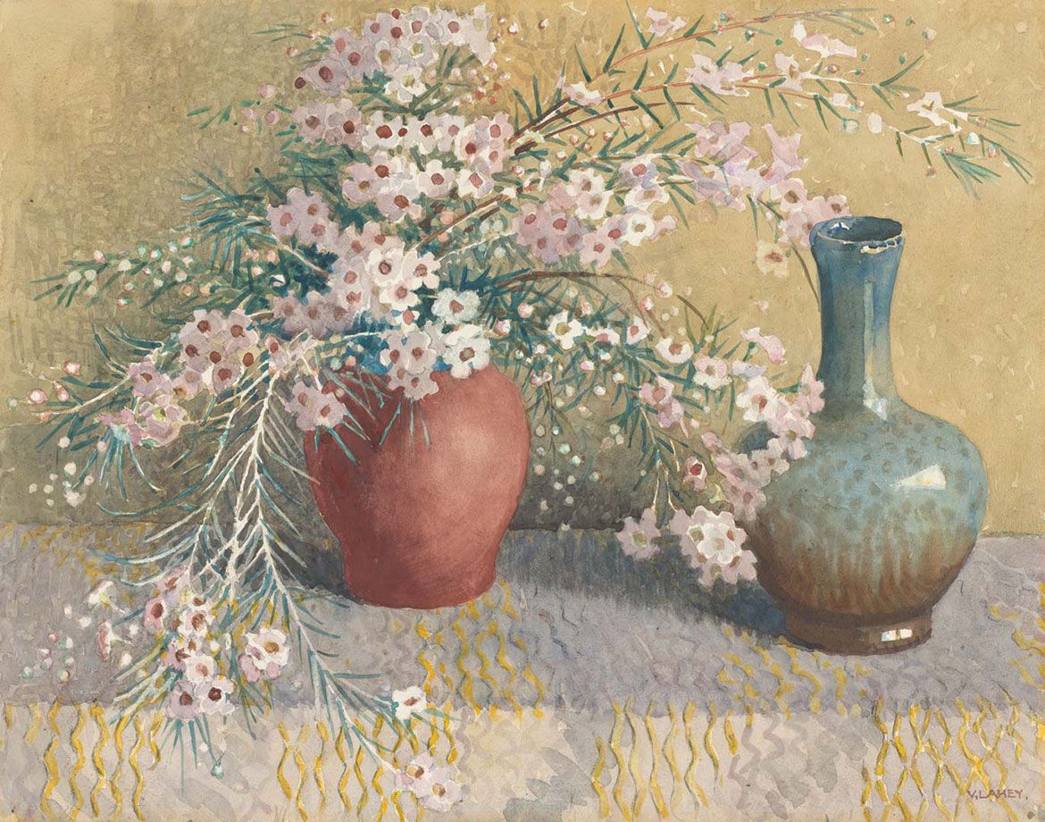 Vida Lahey, Australia 1882-1968 / Geraldton wax in vase c.1950s / Watercolour on paper / 34.5 x 44.5cm / Gift of Rosemary Goodchild through the QAGOMA Foundation 2015. Donated through the Australian Government’s Cultural Gifts Program / Collection: Queensland Art Gallery | Gallery of Modern Art / © QAGOMA