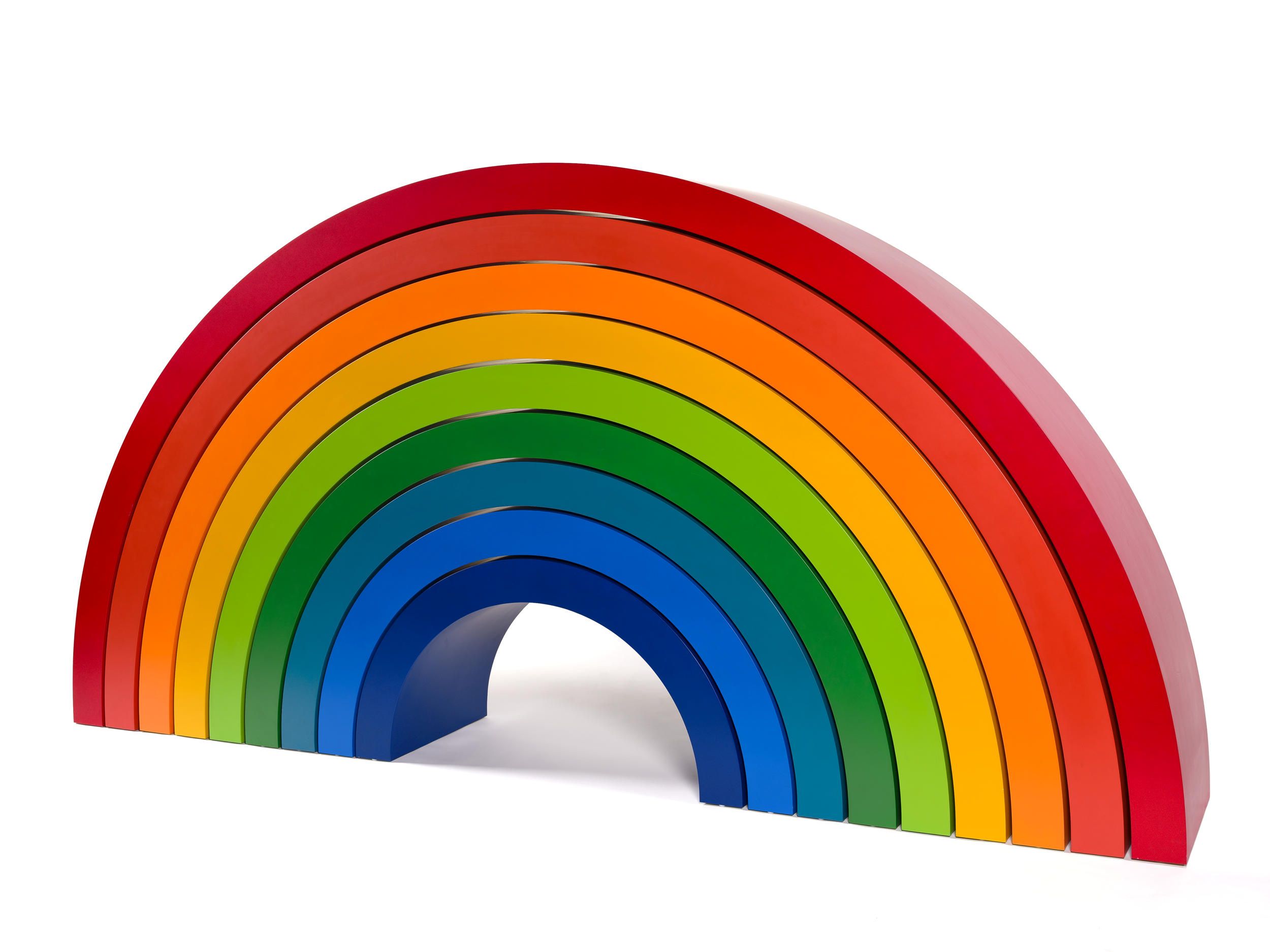 Emily Floyd / Australia b.1972 / Steiner rainbow 2006 / Two-part epoxy paint on medium-density fibreboard / Nine parts, ranging from 54 x 131 x 60cm (dark blue) to 180 x 362.5 x 60cm (deep red) / Gift of the artist through the Queensland Art Gallery Foundation 2011 / Donated through the Australian Government's Cultural Gifts Program / Collection: QAGOMA, Brisbane / © Emily Floyd / Courtesy: The artist and Anna Schwartz Gallery