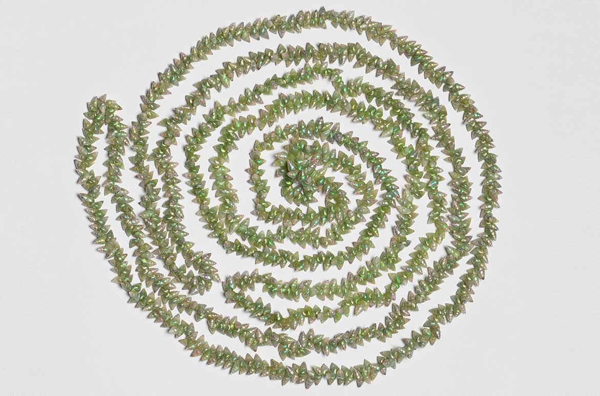 Lola Greeno, Australia b.1946 / Green maireener necklace 2007 / Green maireener shells threaded with double strength quilting thread / 180 x 1.5cm / Purchased 2008. Queensland Art Gallery | Gallery of Modern Art Foundation Grant / Collection: Queensland Art Gallery | Gallery of Modern Art / © Lola Greeno