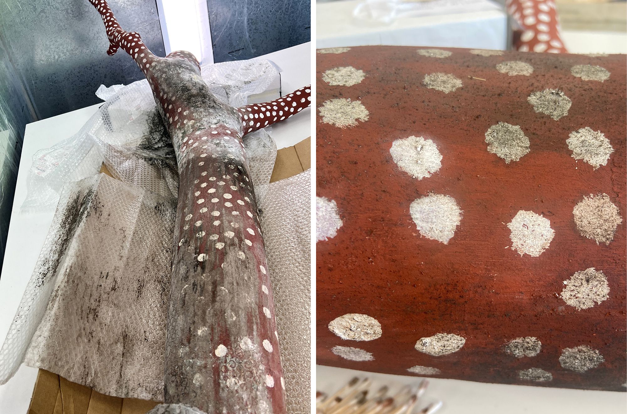 (l-r) The mould affected artwork; Cleaning tests / Photographs : L Chapman © QAGOMA