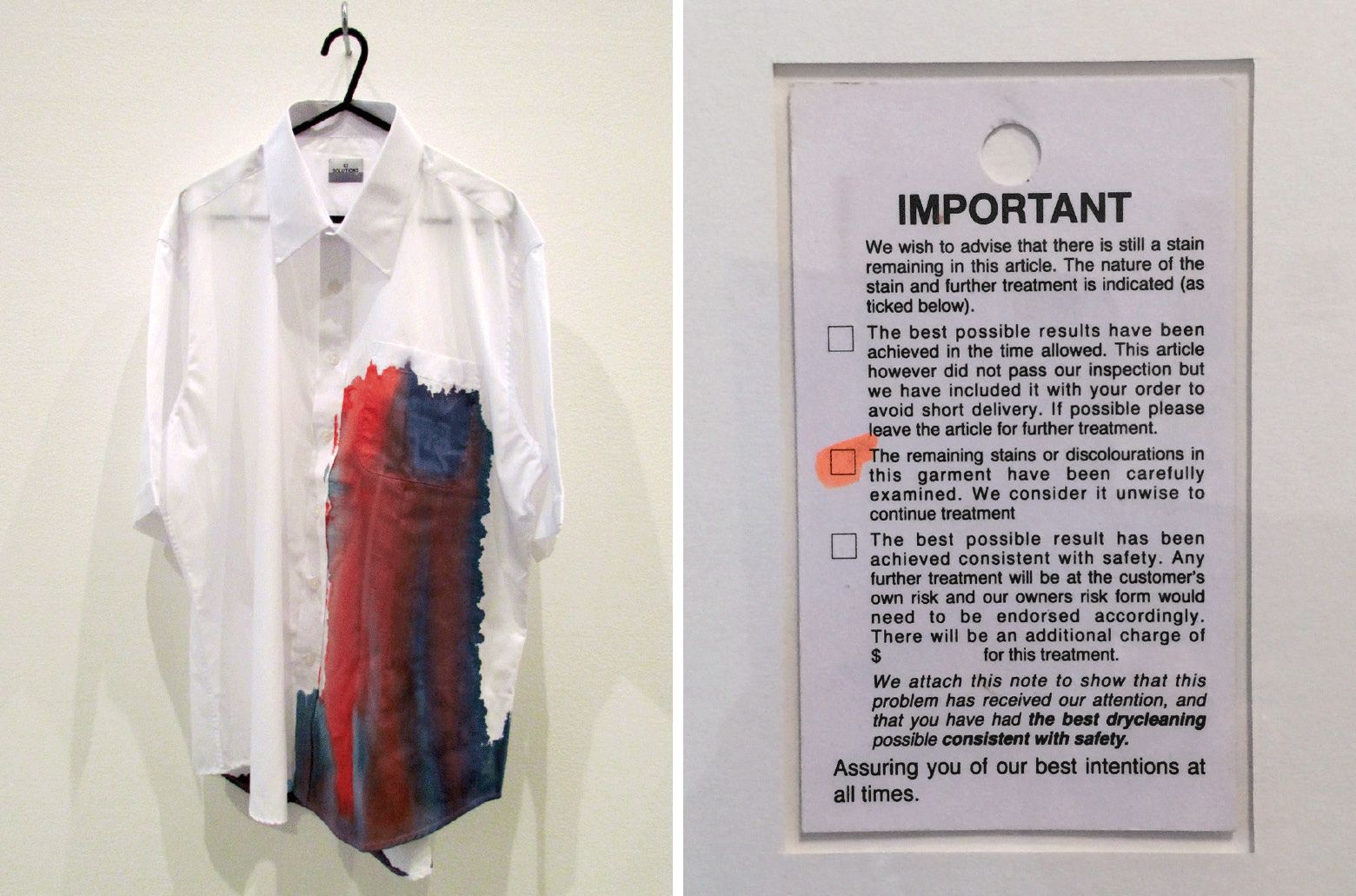 Robert MacPherson, Australia 1937-2021 / MAYFAIR: PEERLESS 2002–2007 / 15 men’s shirts, ink, hangers, offset print (framed) / Collection: Robert MacPherson / Courtesy: Yuill | Crowley, Sydney / © Estate of Robert MacPherson