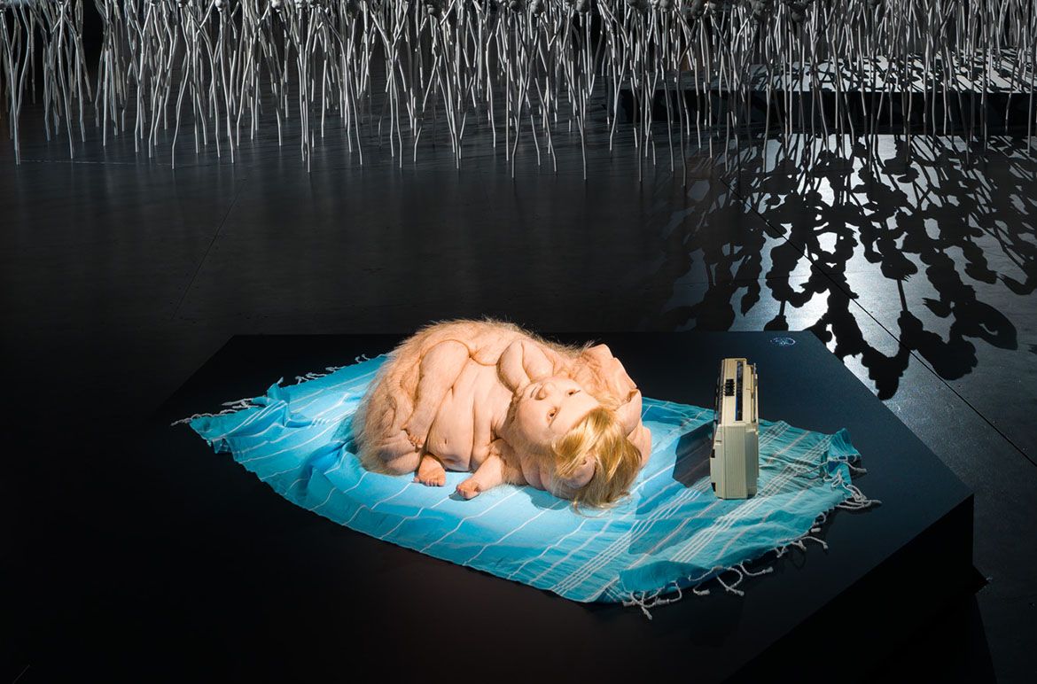 Patricia Piccinini, Australia b.1965 / Teenage Metamorphosis 2017 / Silicone, fibreglass, human hair, found objects / 25 x 71 x 52cm / Courtesy: The artist; Tolarno Galleries, Melbourne; Roslyn Oxley9 Gallery, Sydney; and Hosfelt Gallery, San Francisco / © The artist