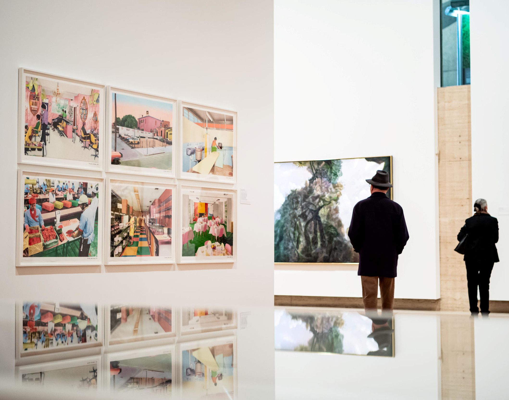 Left: Tracey Moffatt b.1960 / hairwasher 1976; parking cars 1981; housekeeper 1975; meat packing 1978; canteen 1984; waitress 1982 (from ‘First jobs’ series) (installation view) 2008 / Gift of Patrick Corrigan AM through the QAGOMA Foundation 2010. Donated through the Australian Government's Cultural Gifts Program / Collection: QAGOMA / © Tracey Moffatt

Right: William Robinson b.1936 / Rainforest and mist in afternoon light 2002 / Purchased 2017 with funds from the Henry and Amanda Bartlett Trust through the QAGOMA Foundation / Collection: QAGOMA / © William Robinson