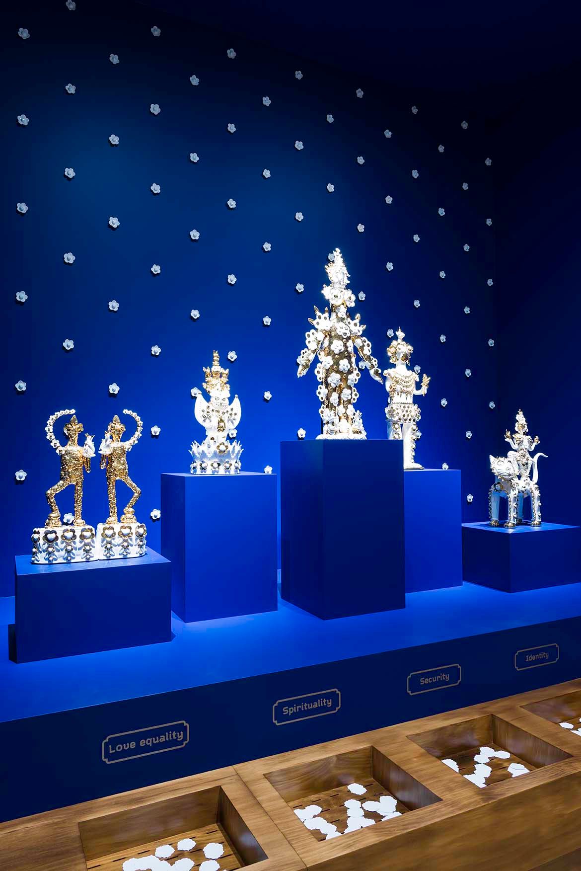 Vipoo Srivilasa, Thailand/Australia b.1969 / Shrine of Life / Benjapakee Shrine 2021 / Mixed-media installation with five ceramic deities / Commissioned for ‘The 10th Asia Pacific Triennial of Contemporary Art’ (APT10) / Purchased 2021 with funds from the Contemporary Patrons through the Queensland Art Gallery | Gallery of Modern Art Foundation / Collection: Queensland Art Gallery | Gallery of Modern Art / © Vipoo Srivilasa
