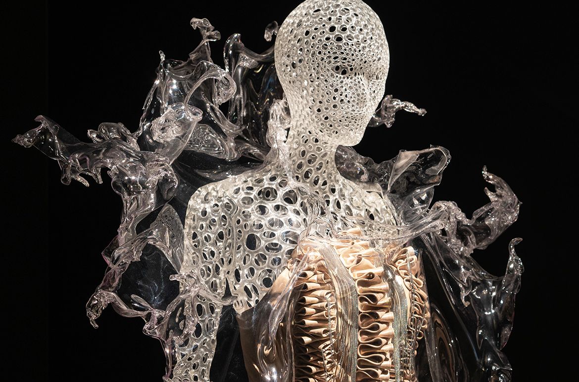 Iris van Herpen, Netherlands b.1984 / Water dress and neckpiece, from the ‘Capriole’ collection 2011 installed in ‘Iris van Herpen: Sculpting the Senses’, GOMA 2024 / PETG, eco-leather, metal / Collection: Groninger Museum, Netherlands / © Iris van Herpen atelier / Photograph: N Umek © QAGOMA