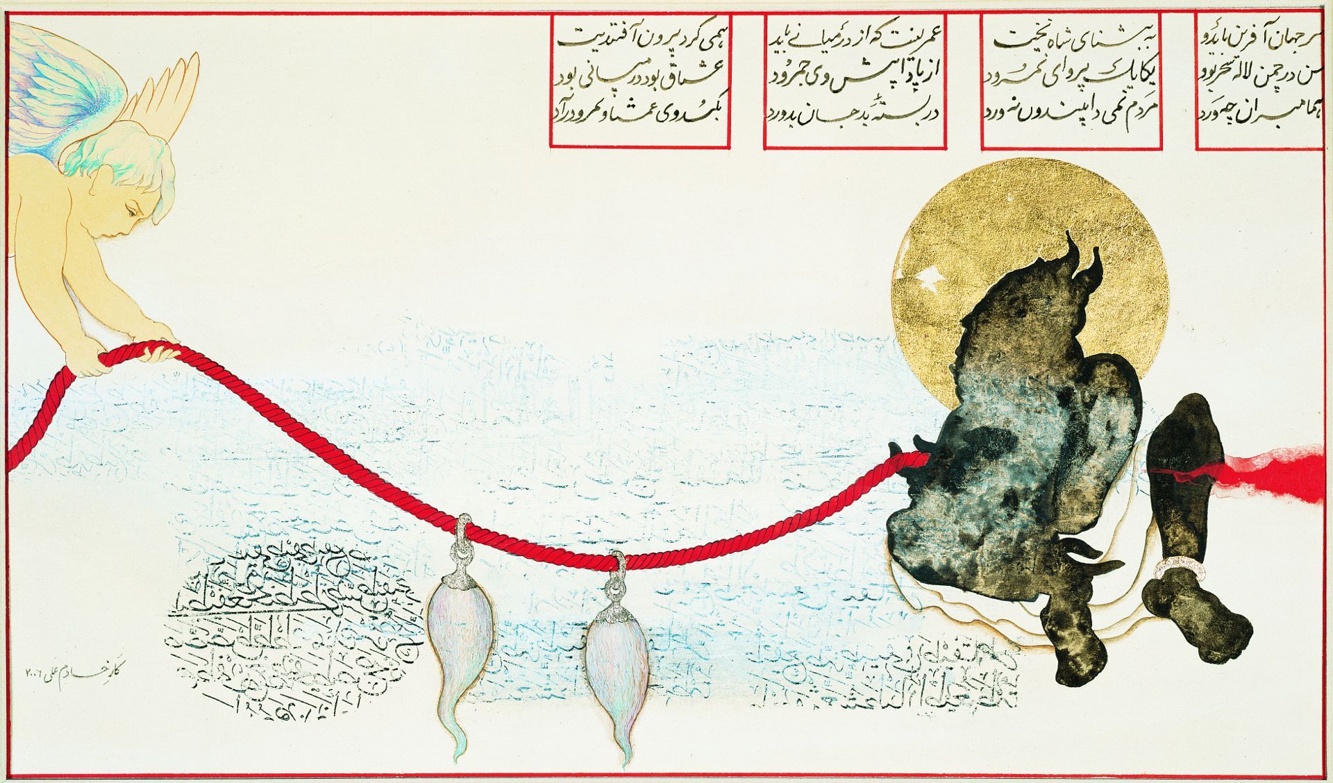 Khadim Ali, Pakistan Untitled (from 'Rustam-e-pardar (Rustam with wings)' series) 2006 (detail) / Watercolour, ink, gold and silver leaf on wasli paper / Purchased 2006