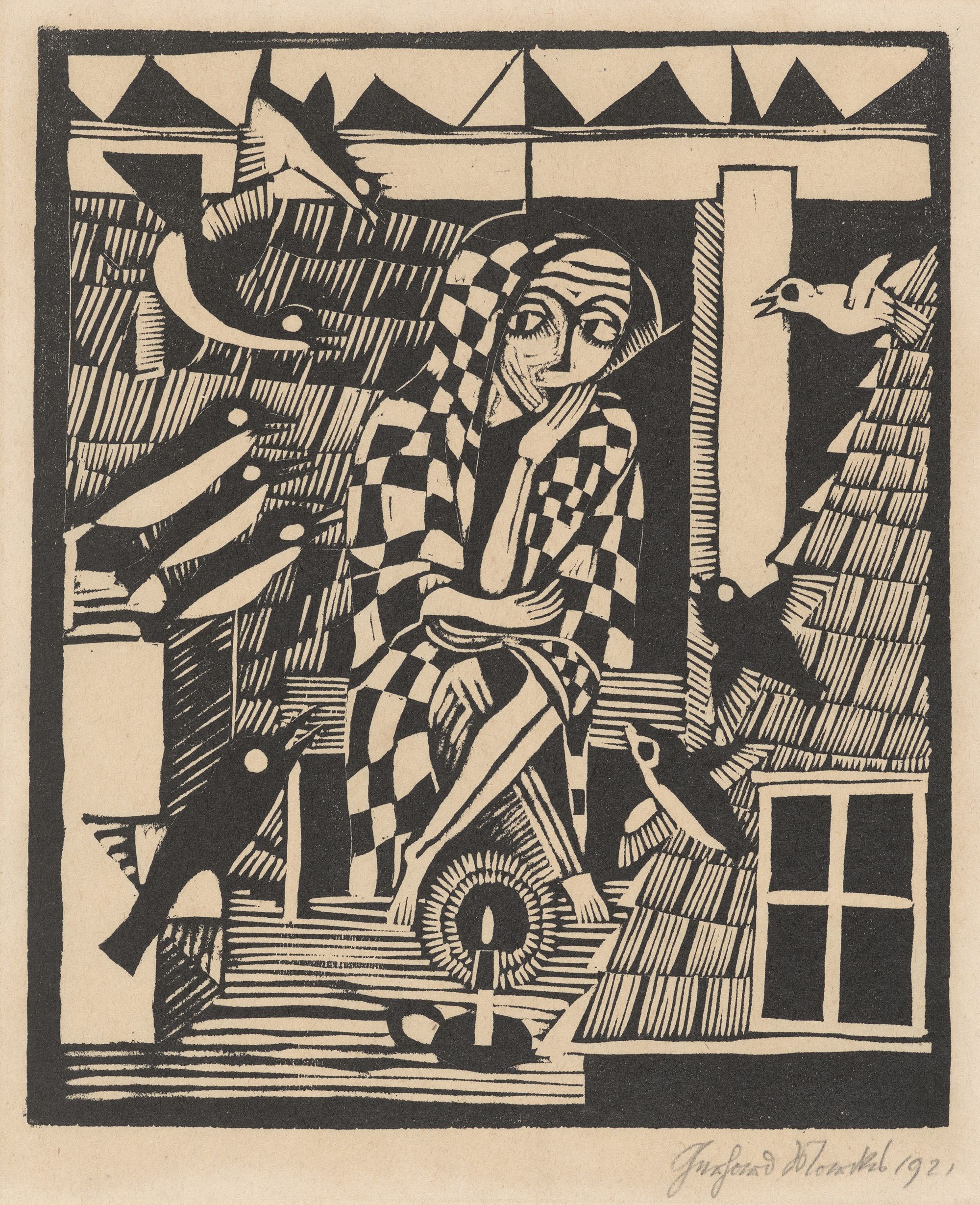 Gerhard Marcks, Germany 1889–1981 / Die eule (The owl) 1921 / Woodcut on wove paper / 28.1 x 23.8 cm / Gift of Timothy North and Denise Cuthbert through the QAGOMA Foundation 2023. Donated through the Australian Government's Cultural Gifts Program / Collection: Queensland Art Gallery | Gallery of Modern Art / © Gerhard Marcks/Copyright Agency
