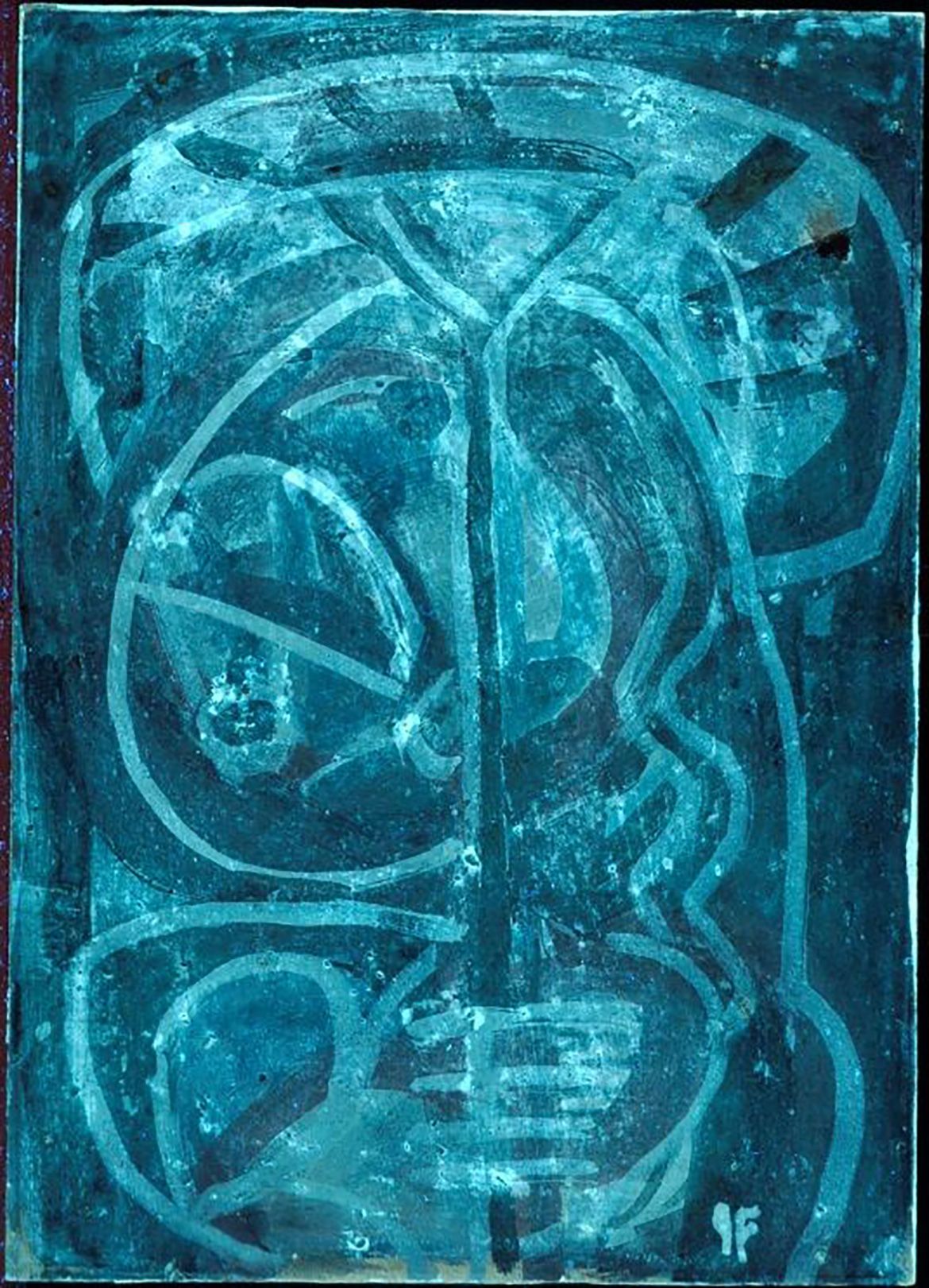 The Ultraviolet light image showing the blue fluorescence of the wax varnish covering the paint.