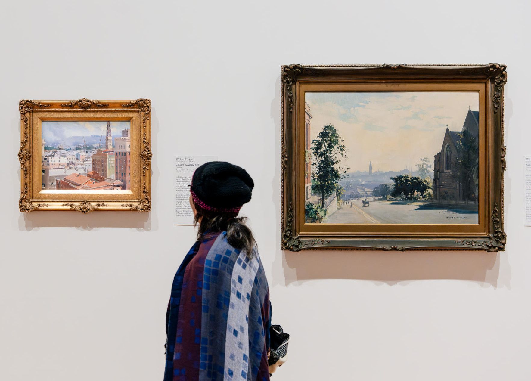 William Bustard, England/Australia 1894–1973 / Left: Brisbane townscape 1928 / Purchased 2018 with funds from Alan and Jan Rees through the QAGOMA Foundation / Right: Summer haze 1937 / Purchased 1942 / Collection: QAGOMA / © William Bustard Estate