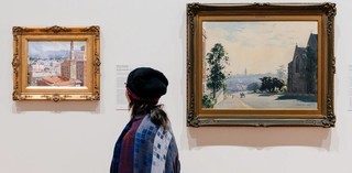 William Bustard, England/Australia 1894–1973 / Left: Brisbane townscape 1928 / Purchased 2018 with funds from Alan and Jan Rees through the QAGOMA Foundation / Right: Summer haze 1937 / Purchased 1942 / Collection: QAGOMA / © William Bustard Estate