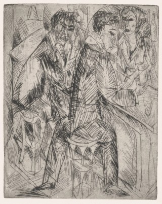 Ernst Kirchner / Germany 1880–1938 / Barszene (Bar scene) 1913 / Drypoint on paper / 26 x 20cm / Gift of Timothy North and Denise Cuthbert through the QAGOMA Foundation 2023. Donated through the Australian Government's Cultural Gifts Program / Collection: Queensland Art Gallery | Gallery of Modern Art