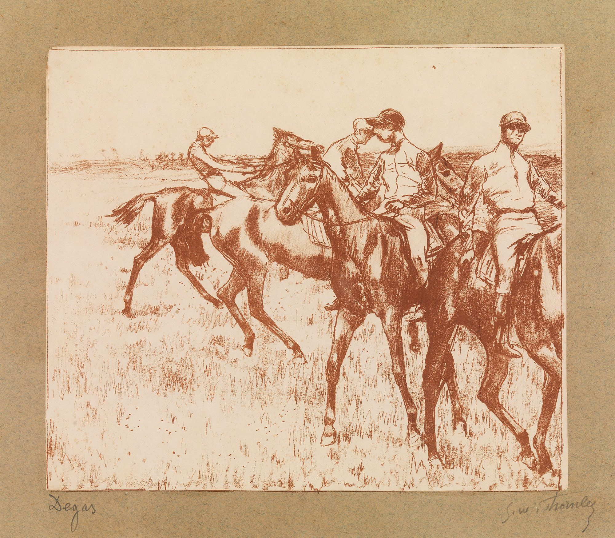 after Edgar Degas, Artist, France 1834-1917 / Georges William Thornley, Lithographer, 1857-1935 / Les Jockeys (The jockeys) c.1888-89 / Crayon manner lithograph (from transfer paper); printed in red/brown ink on paper (chine collé), laid down on green paper backing sheet / 20.9 x 24.4cm (comp.) / Gift of the Margaret Olley Art Trust through the QAG Foundation 2012 / Collection: Queensland Art Gallery | Gallery of Modern Art