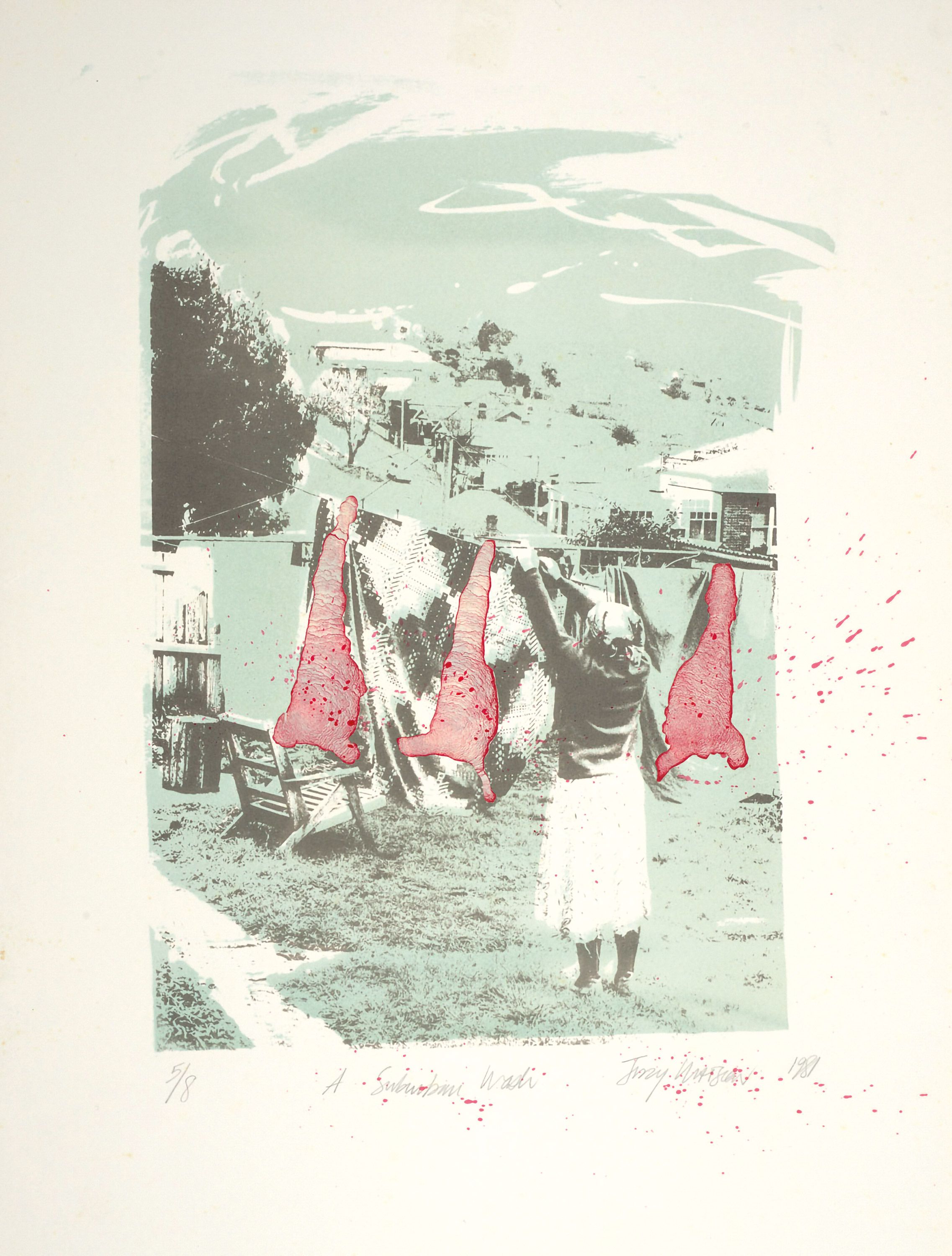 Judy Watson / Waanyi people / Australia b.1959 / A Suburban Wash 1981 / Lithograph and collage on paper / 42 x 35cm (irreg.) / Courtesy: The artist and Milani Gallery, Brisbane (Meeanjin/Magandjin)