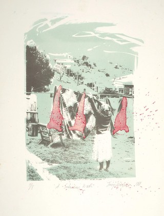 Judy Watson / Waanyi people / Australia b.1959 / A Suburban Wash 1981 / Lithograph and collage on paper / 42 x 35cm (irreg.) / Courtesy: The artist and Milani Gallery, Brisbane (Meeanjin/Magandjin)