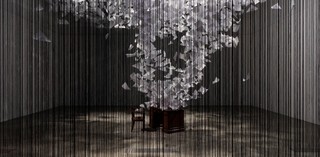 Chiharu Shiota / Japan b. 1972 / Installation view of A question of perspective 2022 in 'The Soul Trembles', Gallery of Modern Art, Brisbane / Polypropylene ropes, 80mg paper, found table and chair, cable ties, staples / 500 x 810 x 1215cm / Photograph: Natasha Harth, QAGOMA