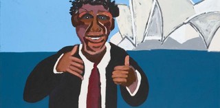 Image Caption: Vincent Namatjira / Western Aranda/Pitjantjatjara people Australia NT/SA b.1983 / Albert Namatjira in Sydney - Yeah! 'Albert's Story' 2014 / Synthetic polymer paint on linen / Purchased 2014. Queensland Art Gallery | Gallery of Modern Art Foundation / Queensland Art Gallery Collection/ © Vincent Namatjira/Licensed by Viscopy