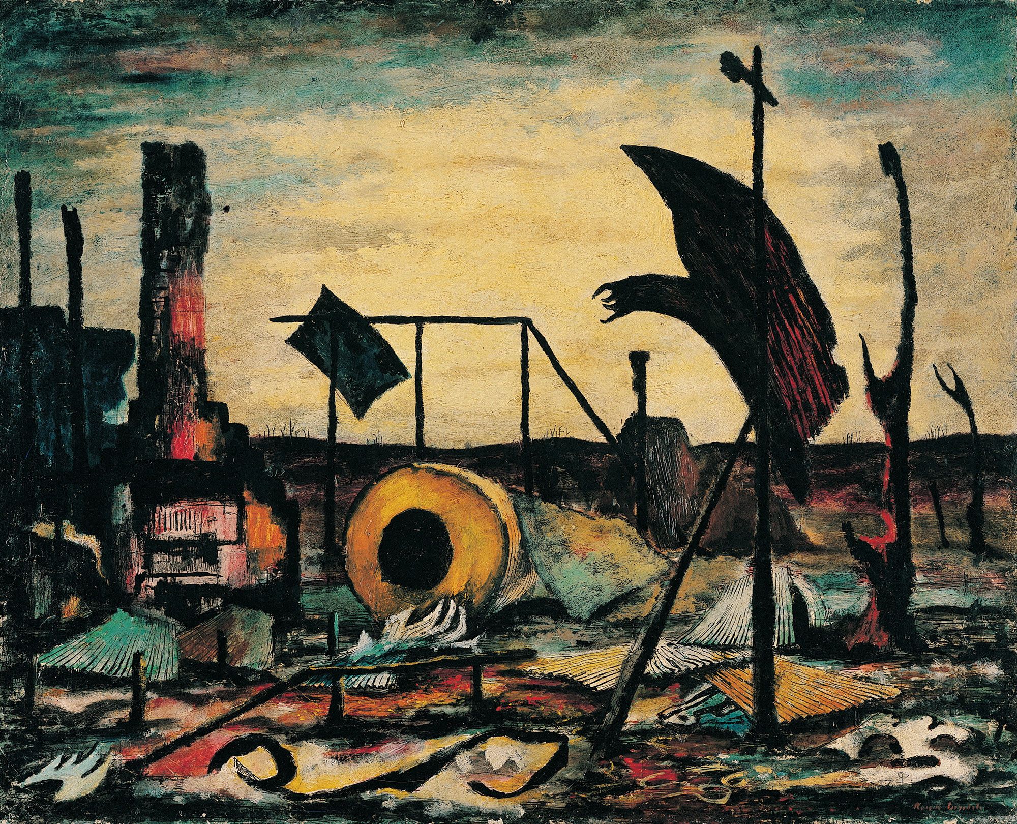 Russell Drysdale, Australia 1912–81 / Bush fire 1944 / Oil and ink on canvas on composition board / 62 x 77cm / Gift of Captain Neil McEacharn, Italy through C L Harden 1954 / Collection: Queensland Art Gallery | Gallery of Modern Art / © QAGOMA