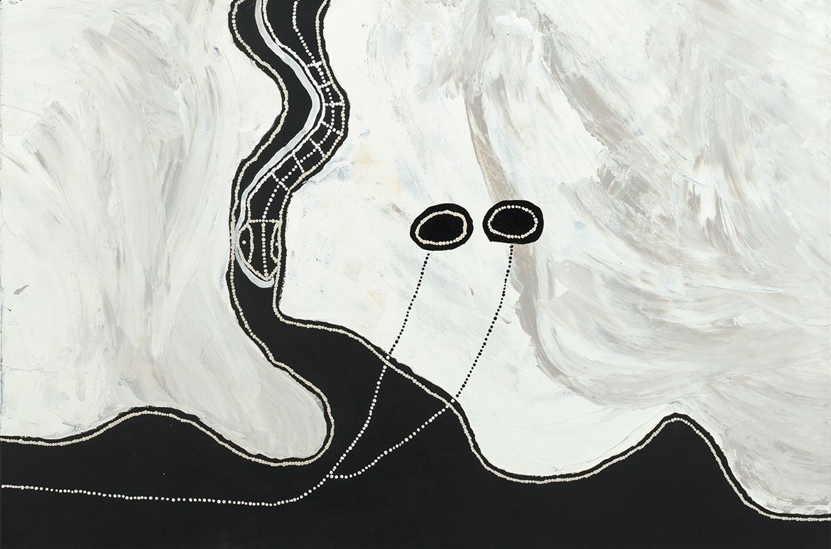 Timo Hogan, Pitjantjatjara people, Australia b. 1973 / Lake Baker (detail) 2021 / Synthetic polymer paint on linen / 200 x 137cm / Purchased 2022 with funds from the Future Collective through the QAGOMA Art Foundation / Collection: Queensland Art Gallery | Gallery of Modern Art / © Timo Hogan/Copyright Agency