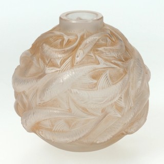 René Lalique, France 1860–1945 / Oleron vase designed 1927 / Mould blown frosted and clear glass with sepia patina / 9 x 9.5 x 9.5cm / Purchased 2018. QAGOMA Foundation / Collection: Queensland Art Gallery | Gallery of Modern Art